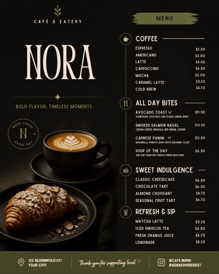 AN Creative World cafe menu design for Nora cafe and eatery
